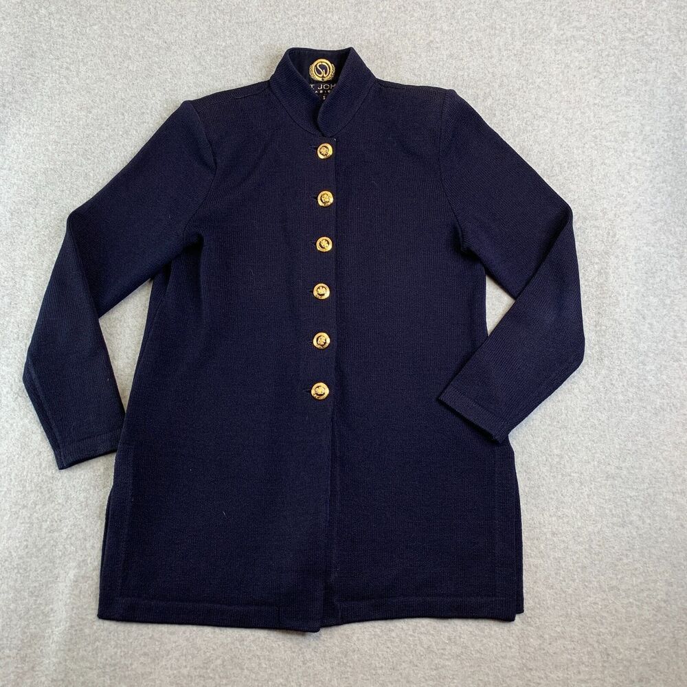 St. John Basics Santana Knit Navy Blazer Jacket Gold Crest Buttons Womens Small